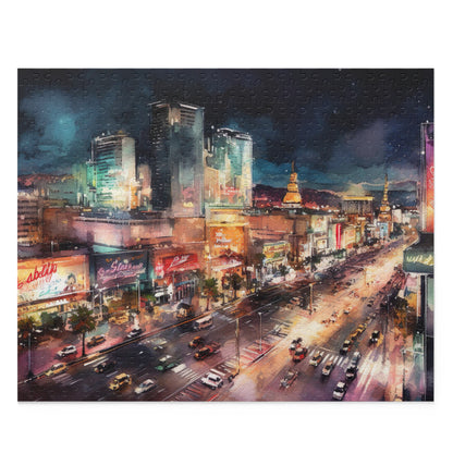 "Vegas Strip Jigsaw Puzzle - Vibrant design of iconic Las Vegas landmarks under dazzling lights"