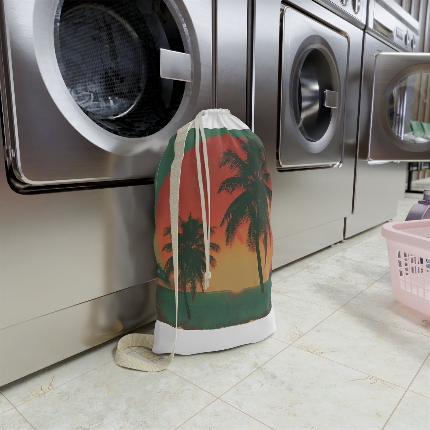 "Stylish palm tree print laundry bag for nostalgic laundry routine"