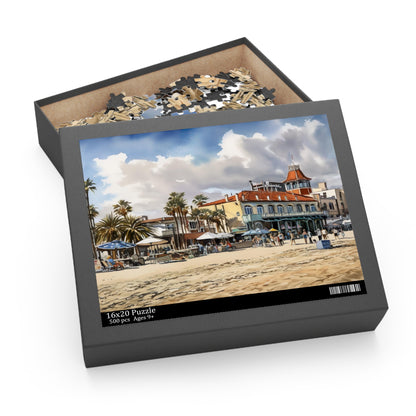 "Vibrant Venice Beach jigsaw puzzle masterpiece filled with colorful buildings and palm trees"