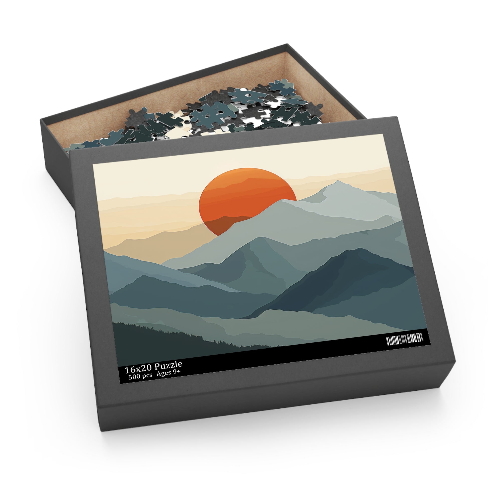 "Sunrise Mountain Range Jigsaw Puzzle - Tranquil nature scene with minimalist silhouette design"