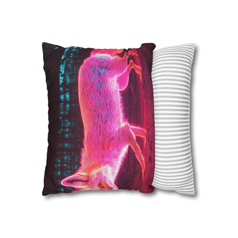 Neon Fox Chasing Light Trails — 40×40 Cushion Cover — Soft Brushed Fabric Texture Close-Up