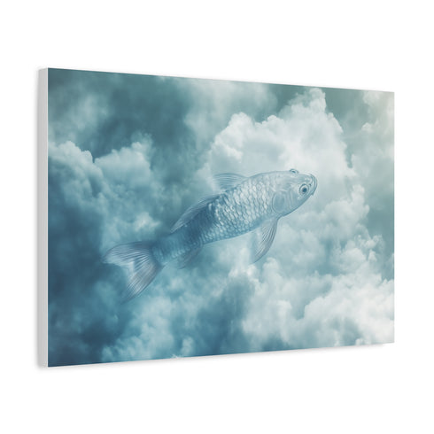 Glass Fish Swimming Through Clouds — Canvas Wall Art — Side Profile & Stretched Corner Detail