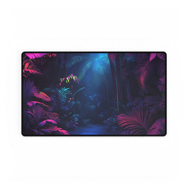 Neon Lit Jungle with Glowing Fauna — XL & XXL Desk Mat — Gaming & Workspace Desk Setup View