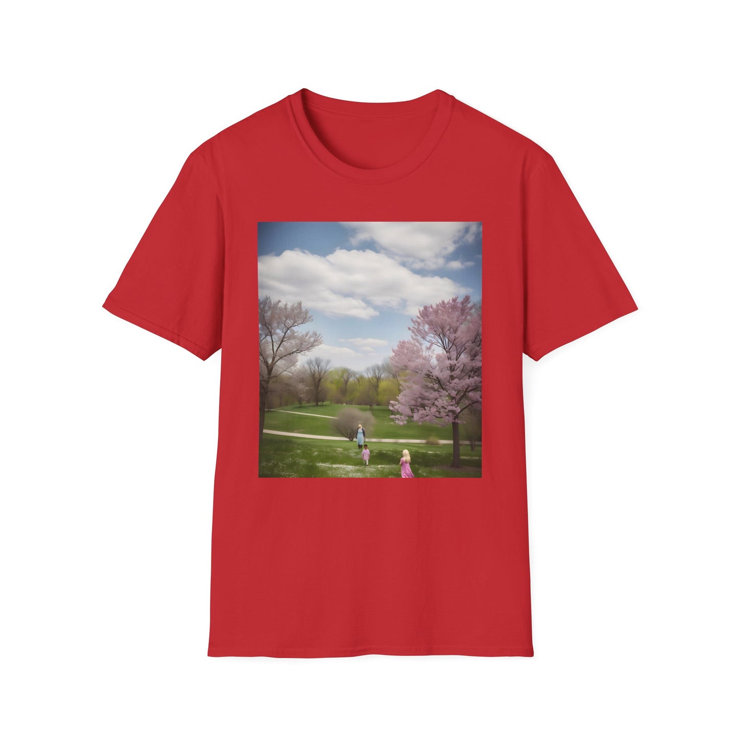 A Canvas of Joy in Nature's Embrace T-shirt featuring a vibrant suburban park scene with spring blooms, perfect for connecting with loved ones and embracing nature's beauty. Feel the warmth of the sun and the laughter of children with this heartwarming design.