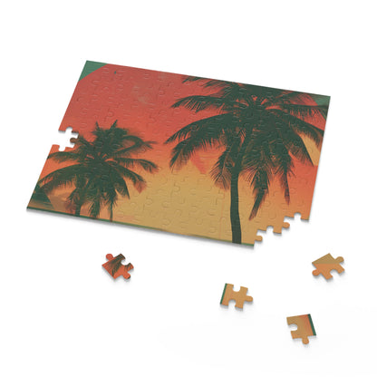 "Retro Sunset Palms Jigsaw Puzzle, colorful tropical scene for relaxation and mindfulness"