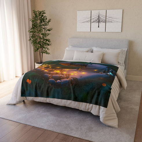 Cyborg Hand Holding Fireflies — Plush Fleece Throw Blanket — Product Detail View 9
