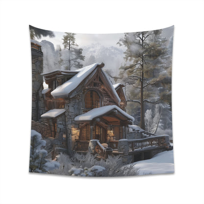 "Mountain Hideaway: A Rustic Tapestry - Cozy cabin in mountain landscape, high-quality material, perfect for all seasons. Makes a great gift. Available in 34" x 40" and 57" x 57" sizes. Shop more at BenCPrints."