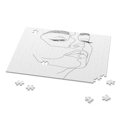 Minimalist line art face jigsaw puzzle with smooth curves and bold lines for relaxing fun.