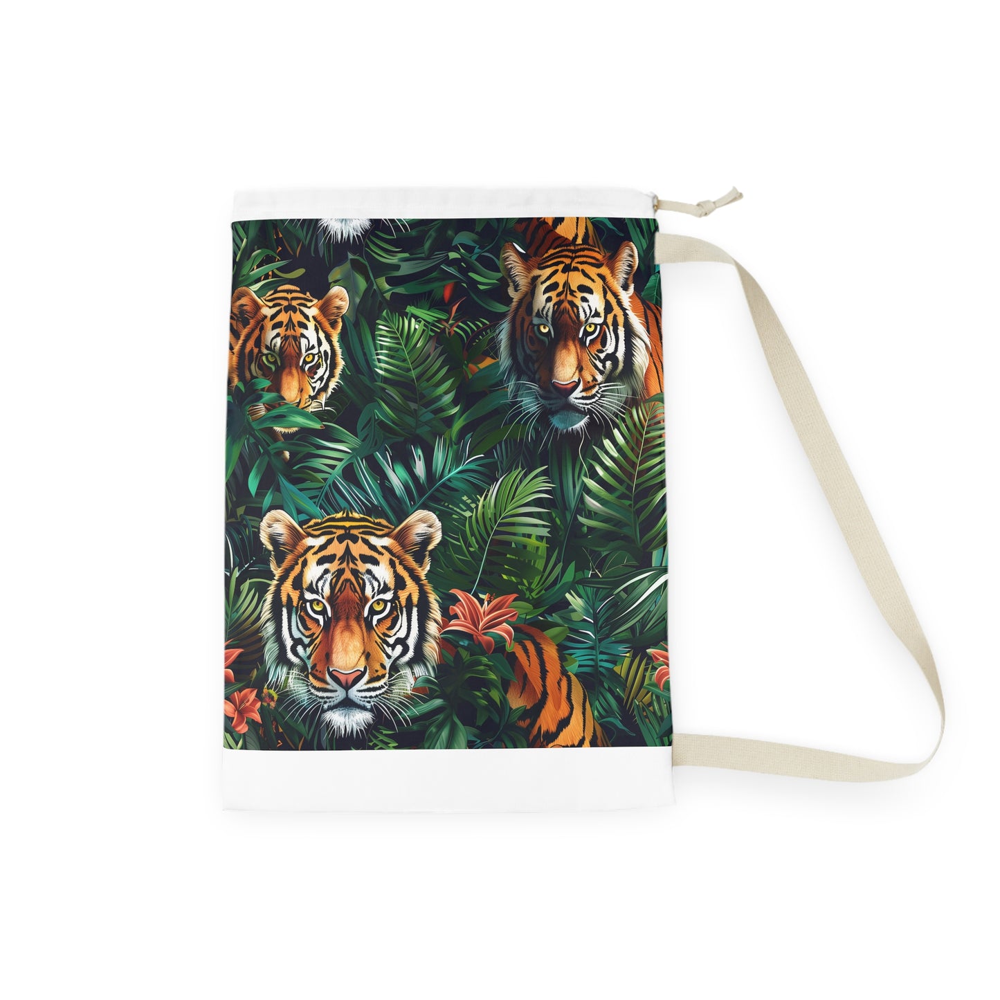 "Safari theme laundry bag with tiger pattern for stylish laundry transport"