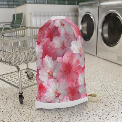 "Cherry Blossom Laundry Bag in Pink and White - Elegant laundry essential with floral design"