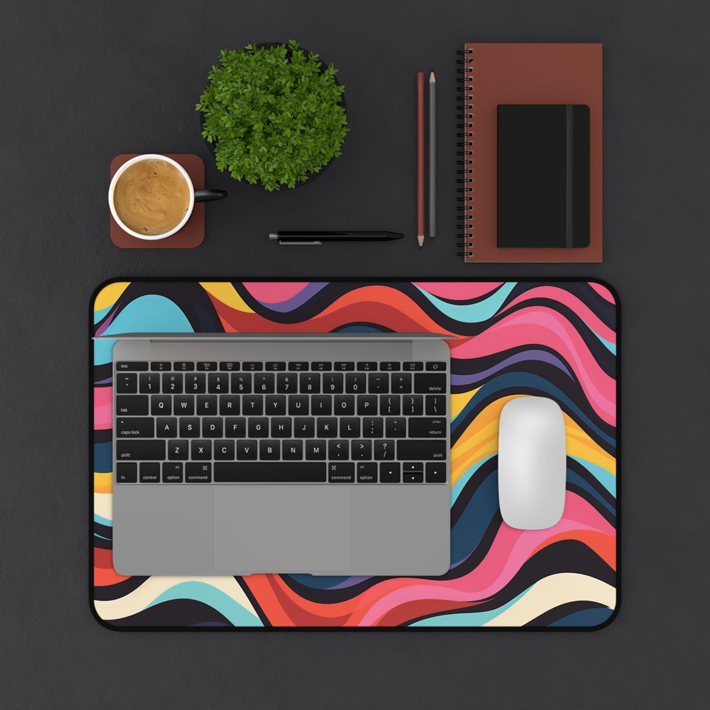 "Colorful Retro Waves Desk Mat - Vibrant pattern brightens workspace, protects from scratches and spills"