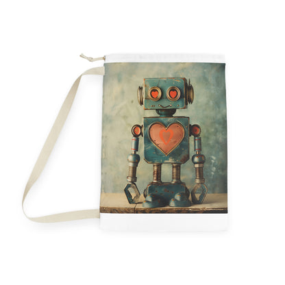 "Retro Robot Love Laundry Bag with heart symbol design, stylishly store dirty clothes"