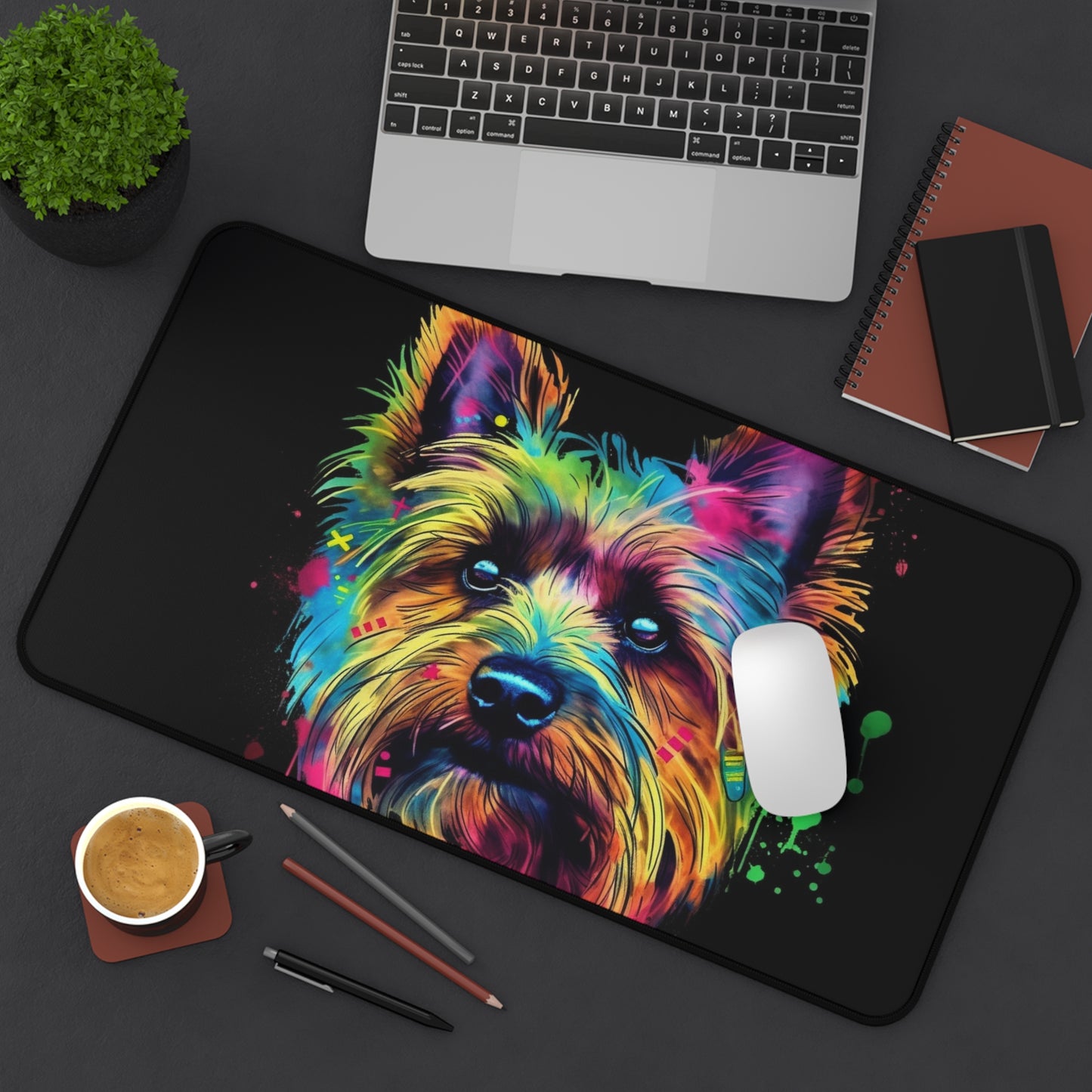 "Yorkie Love Desk Mat - Charming Yorkshire Terrier design for dog lovers, whimsical addition to any workspace"