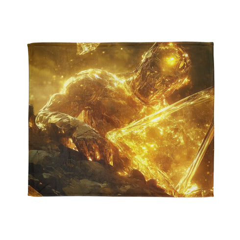 Golem of Glass & Gold Rising from Earth — Plush Fleece Throw Blanket — Draped Over Sofa & Bed Lifestyle View