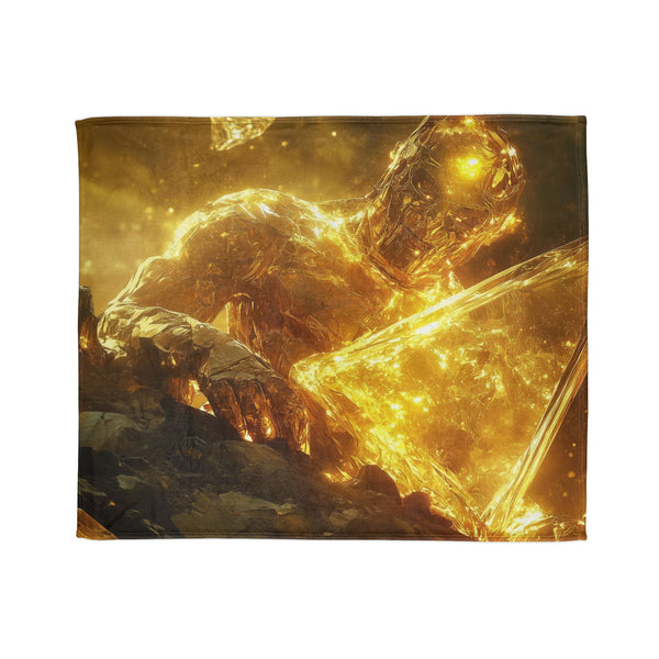 Golem of Glass & Gold Rising from Earth — Plush Fleece Throw Blanket — Draped Over Sofa & Bed Lifestyle View