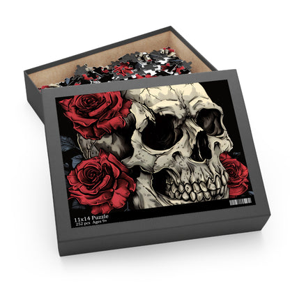 Skull and Roses Gothic Jigsaw Puzzle - Hauntingly beautiful design with vibrant red roses, perfect for a spooky night in.