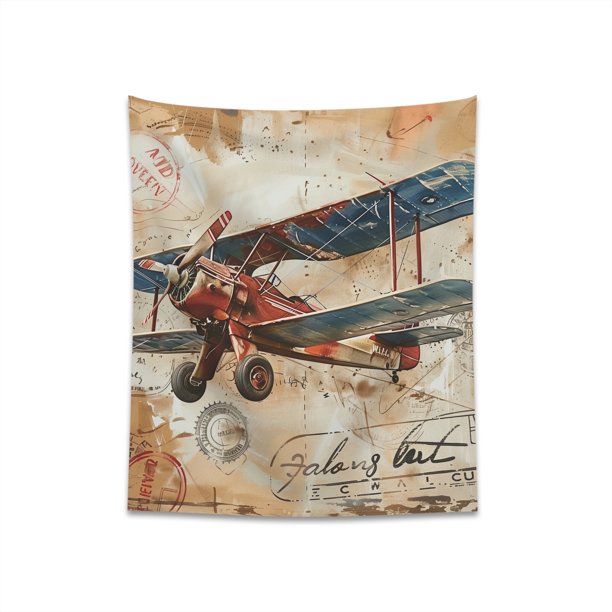 "Vintage Travel Tapestry - Classic airplane with colorful stamps, perfect for adventure lovers | High-quality, stylish, and versatile | Makes a great gift"