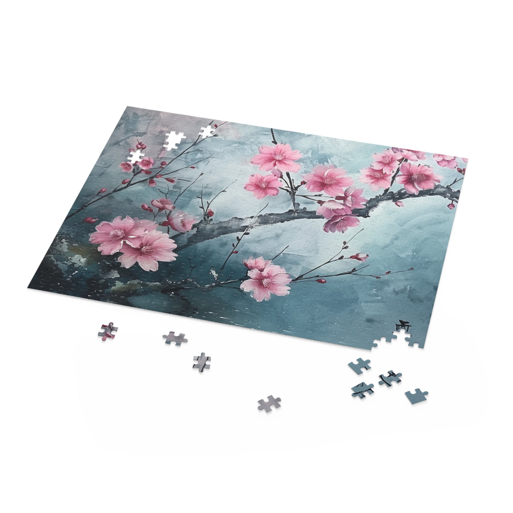 "Cherry Blossom Japanese Jigsaw Puzzle - Vibrant pink flowers in serene landscape scene"