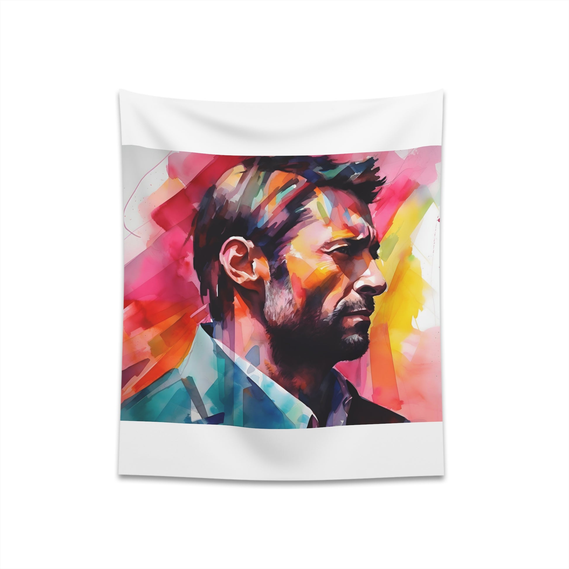 "Vibrant watercolor tapestry of Hugh Jackman, capturing his magnetic charm and energy - perfect for all seasons. Great gift!"