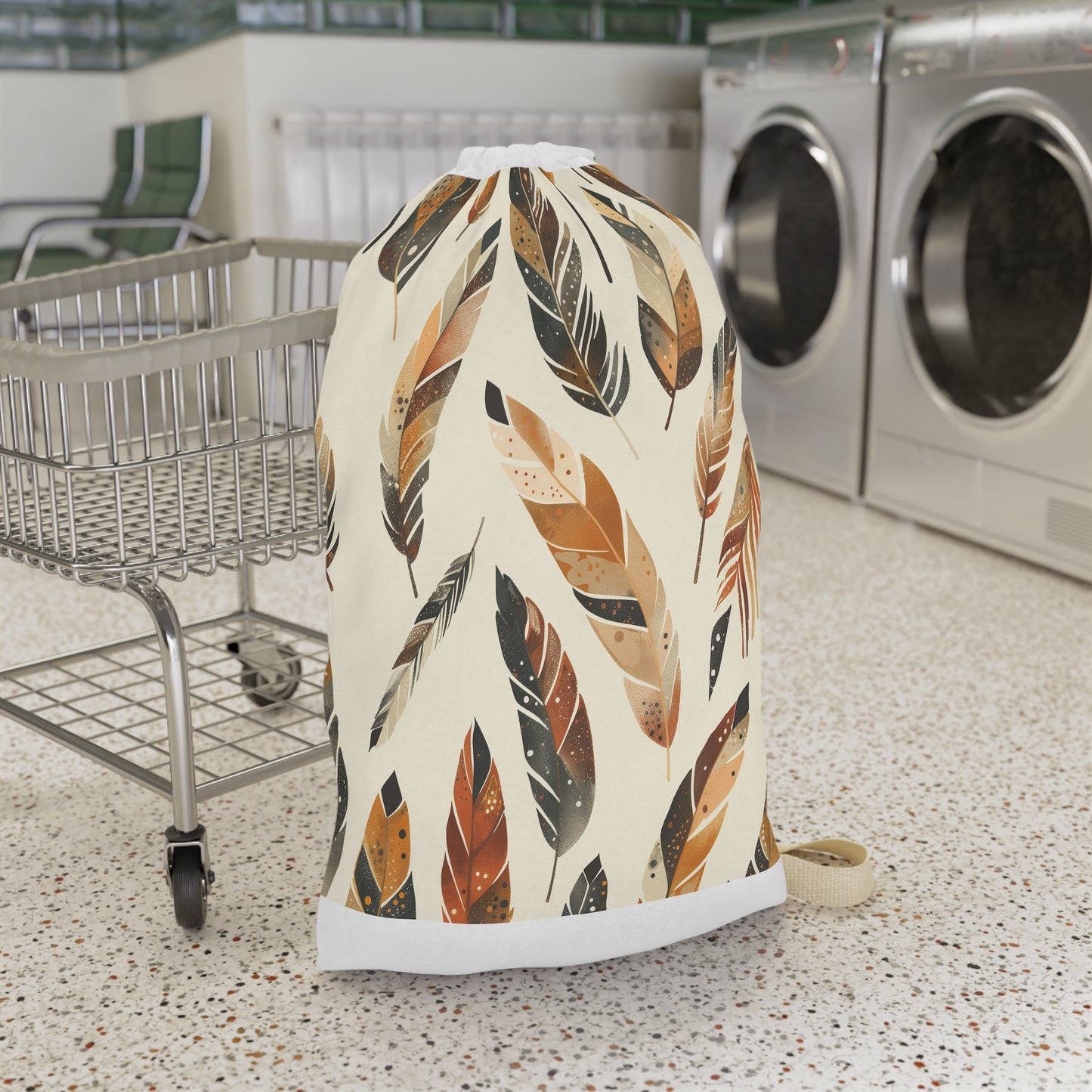 Boho Feathers Laundry Bag - Stylish laundry transportation with seamless feather design, practical and trendy.