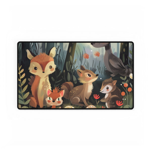 Woodland Creatures in a Forest Setting — XL & XXL Desk Mat — Gaming & Workspace Desk Setup View