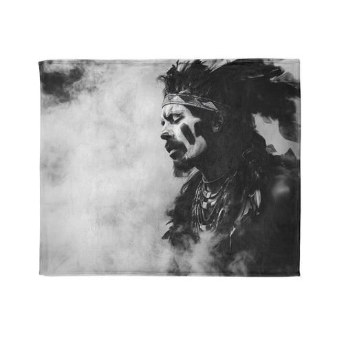 Tribal Warrior Made of Smoke — Plush Fleece Throw Blanket — Draped Over Sofa & Bed Lifestyle View