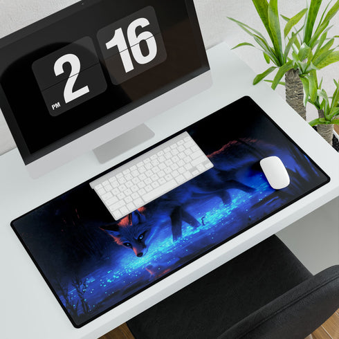 Bioluminescent Fox Walking Through Swamp — XL & XXL Desk Mat — 3mm Non-Slip Natural Rubber Base Detail