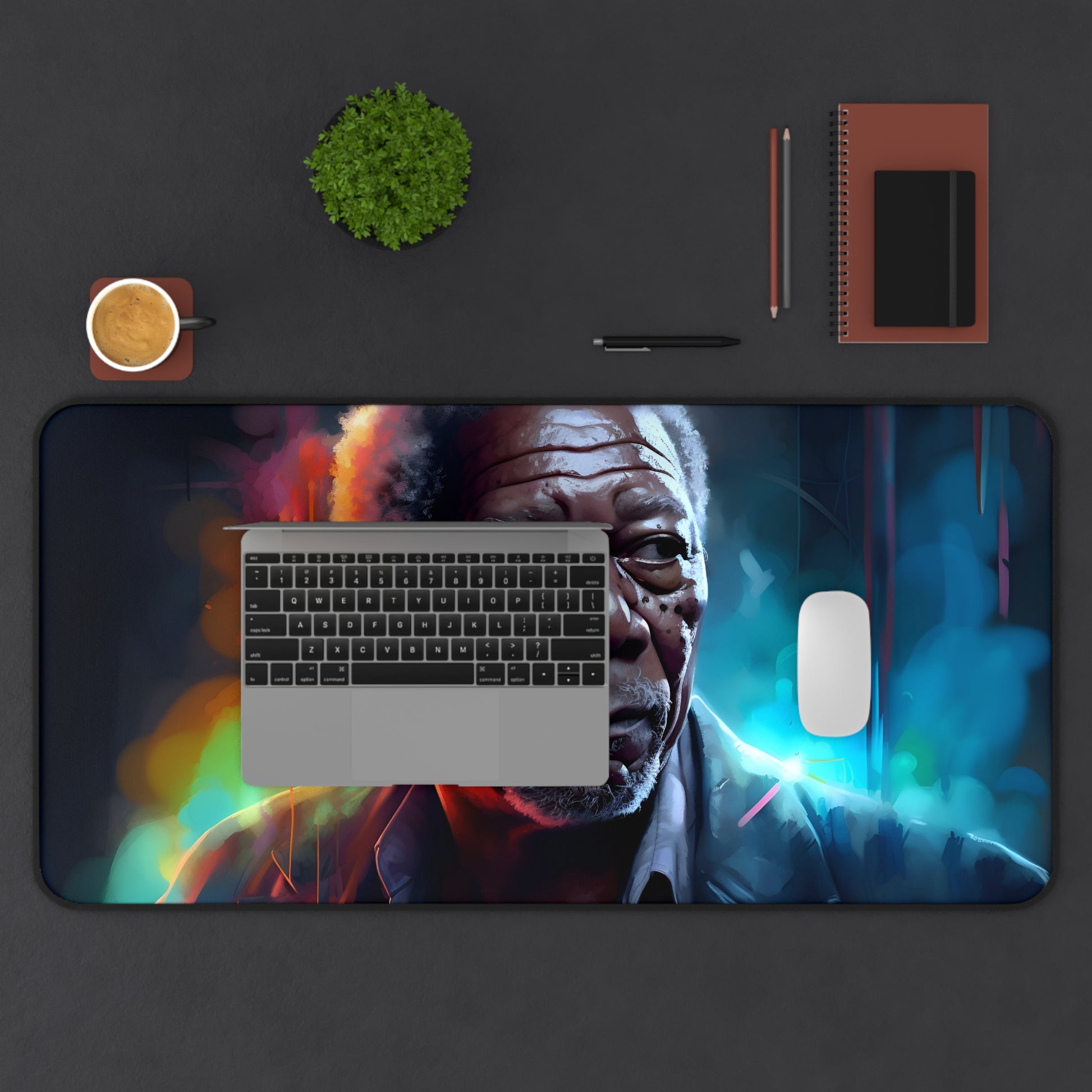 "Neon Freeman Desk Mat featuring Morgan Freeman's face in vibrant watercolor design"