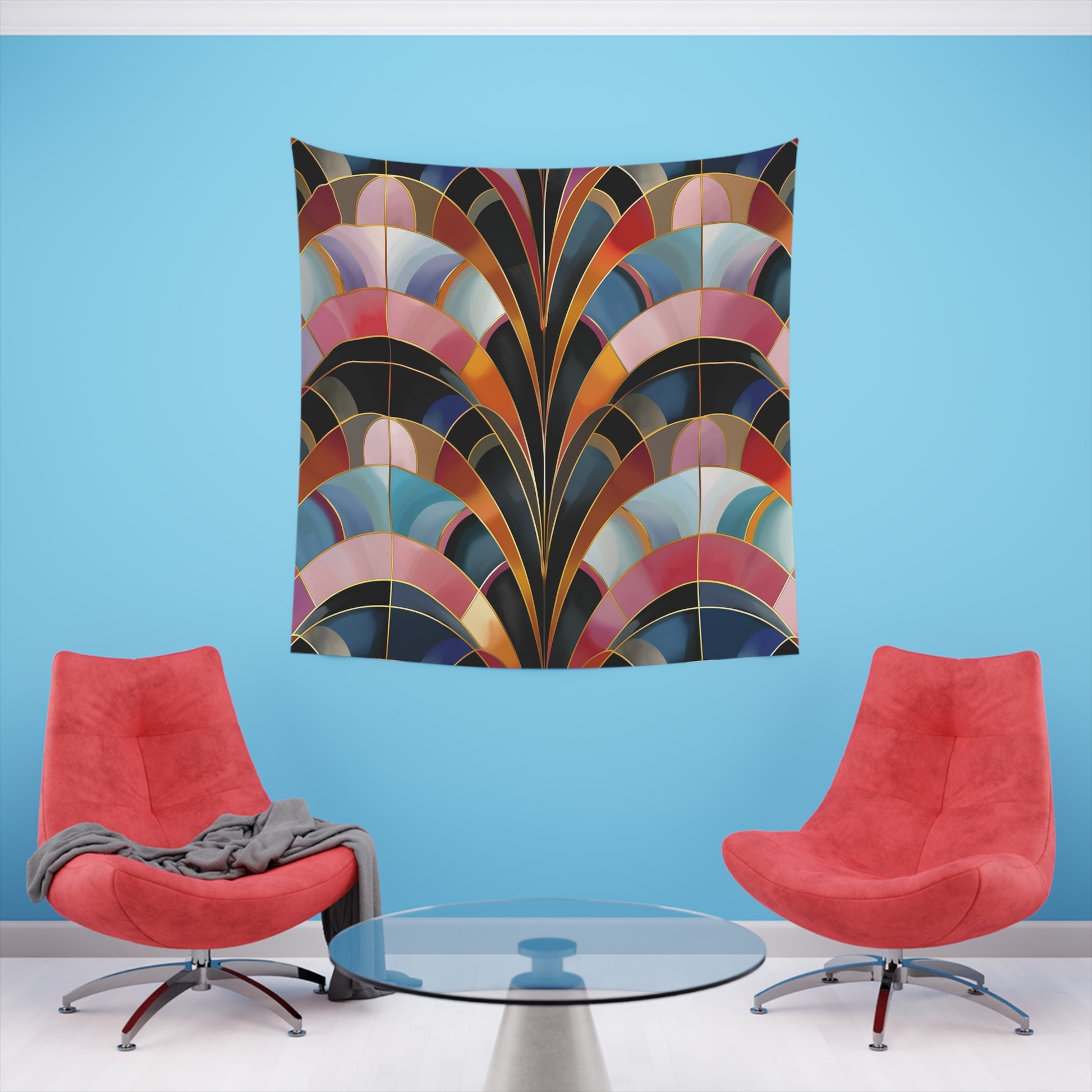 "Art Deco Vision Abstract Tapestry - Bold Geometric Design in Vibrant Colors, High-Quality Material, Great Gift - Available in 34" x 40" and 57" x 57" Sizes"