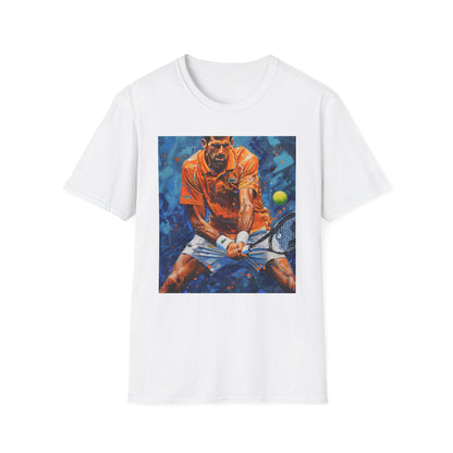 Djokovic Painting T-shirt featuring the iconic tennis player in vibrant colors and dynamic brushstrokes - Ace of the Court: The Unrivaled Mastery of Djokovic - perfect for tennis fans looking for inspiration and style on and off the court