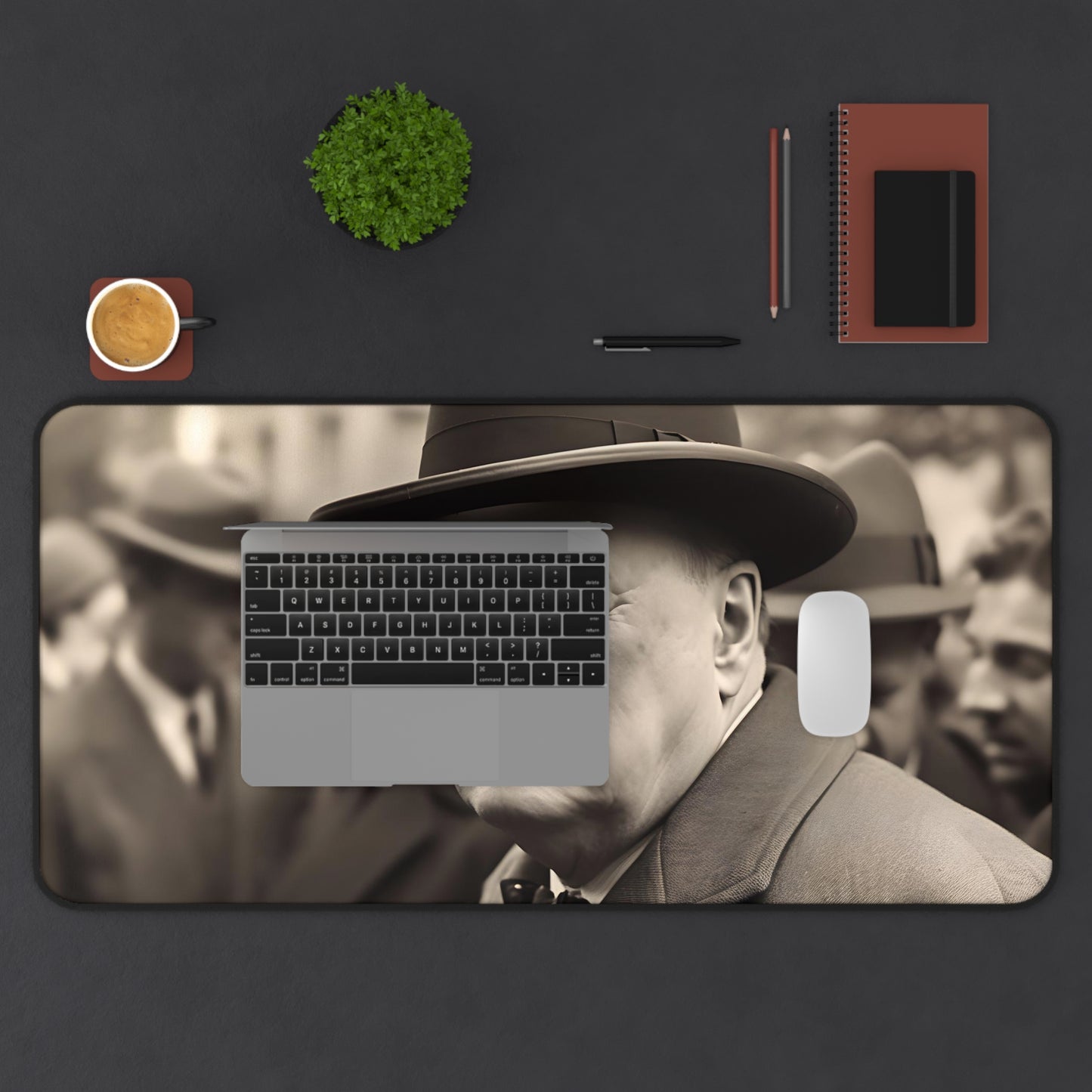 "Churchill's War Room Desk Mat - Dive into WWII London with iconic leader image, ideal for history buffs"