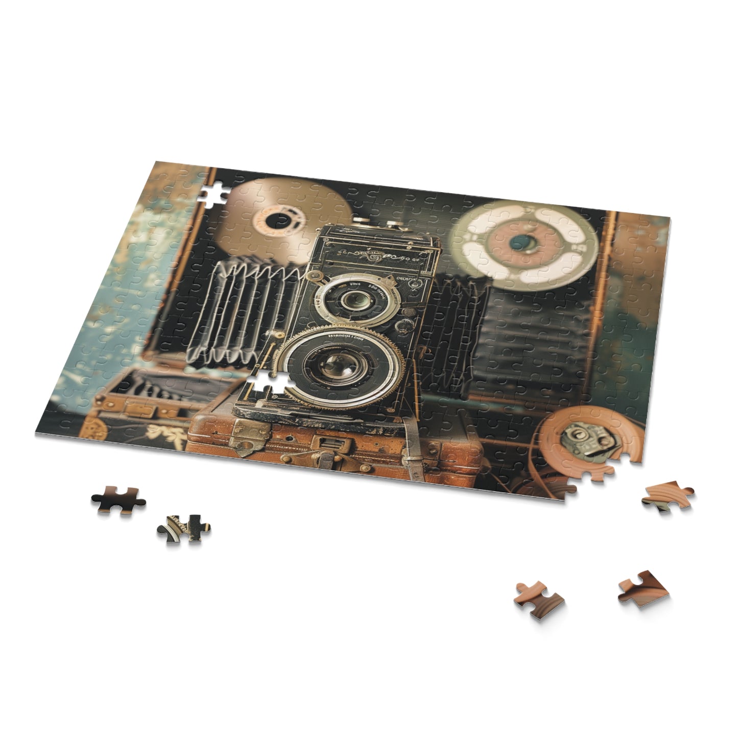 Vintage camera and film reels jigsaw puzzle for creative minds and photography lovers