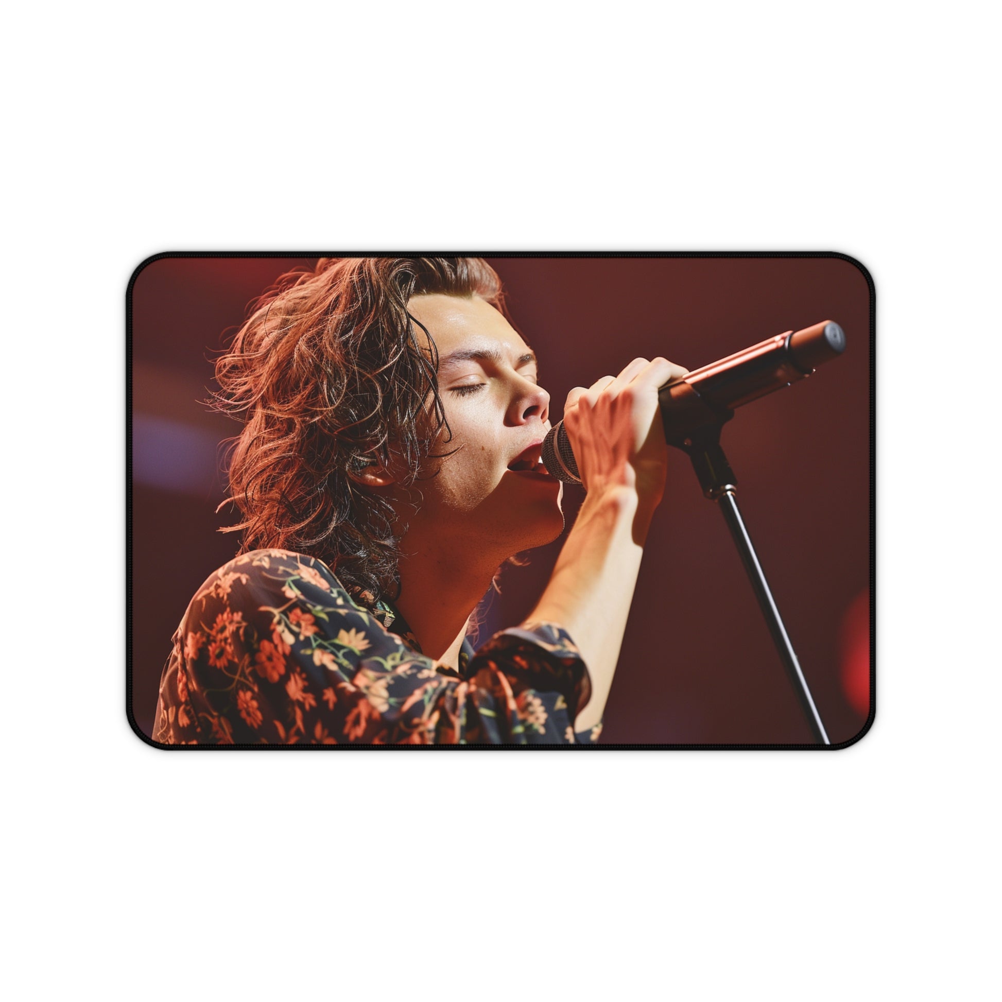 "Harry Styles singing desk mat with vibrant concert illustration, bring energy to your workspace"