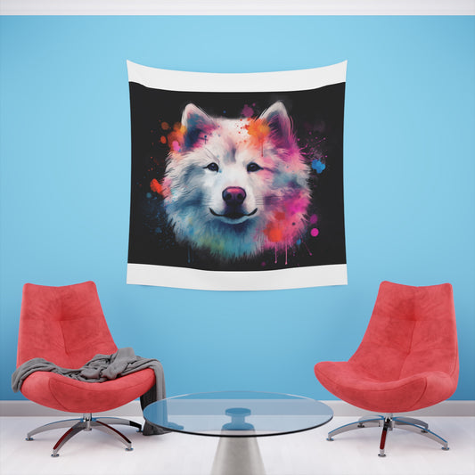 Snowy Smiles: A Samoyed Tapestry | Wall Tapestry | All Over Print, AOP, Decor, Halloween, Home & Living, Home Decor, Indoor, Spring Essentials, Sublimation, Tapestry | Prints with Passion