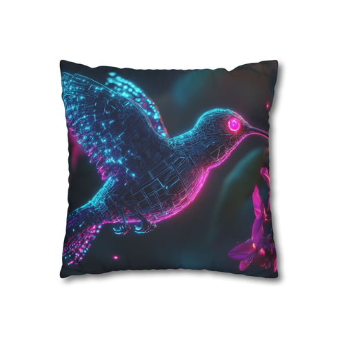 Cybernetic Hummingbird Near Neon Flowers — 40×40 Cushion Cover — Double-Sided Back & Concealed Zip Detail