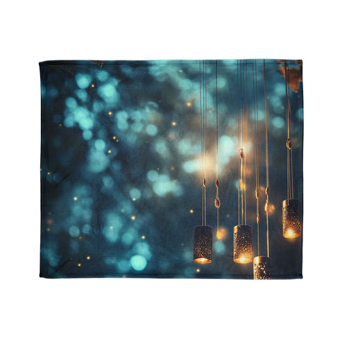 Mystical Wind Chimes Glowing in Night — Plush Fleece Throw Blanket — Draped Over Sofa & Bed Lifestyle View