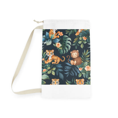 "Tiger Print Laundry Bag - Safari-inspired design with majestic tigers and lush green foliage"