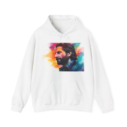 Alt text: "A Star is Born watercolor hoodie featuring a vibrant neon watercolor portrait of Jack from the movie, perfect for fans of Bradley Cooper and the film. High-quality fabric, versatile and stylish, suitable for all seasons. Makes a great gift. Shop the collection at BenCPrints."