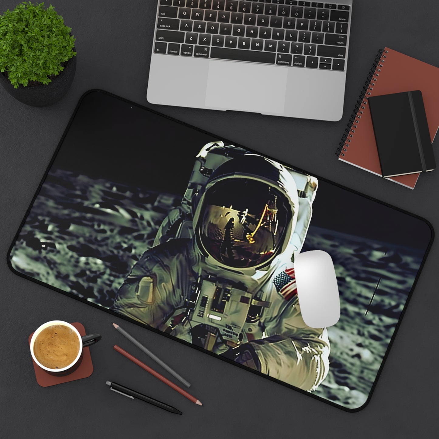 "Spaceman Adventure Desk Mat - Add cosmic flair to your workspace with spaceman floating among stars, inspiring creativity."