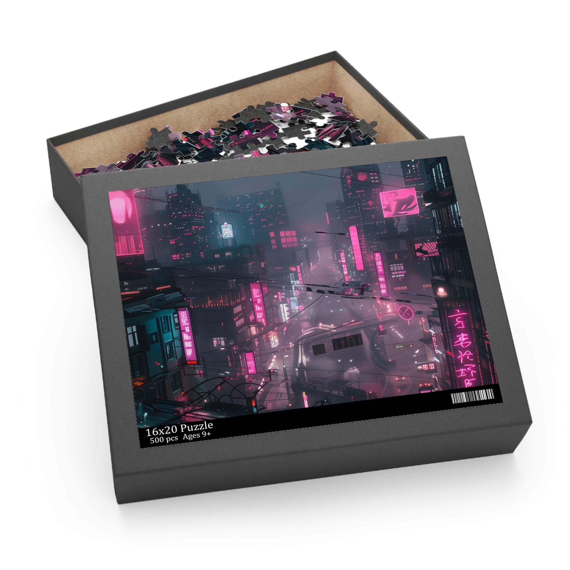 "Neon Cityscape Cyberpunk Jigsaw Puzzle for Sci-Fi Lovers - Challenging and Vibrant Puzzle Design"