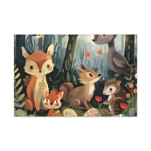 Woodland Creatures in a Forest Setting — Canvas Wall Art — Living Room Wall Lifestyle View