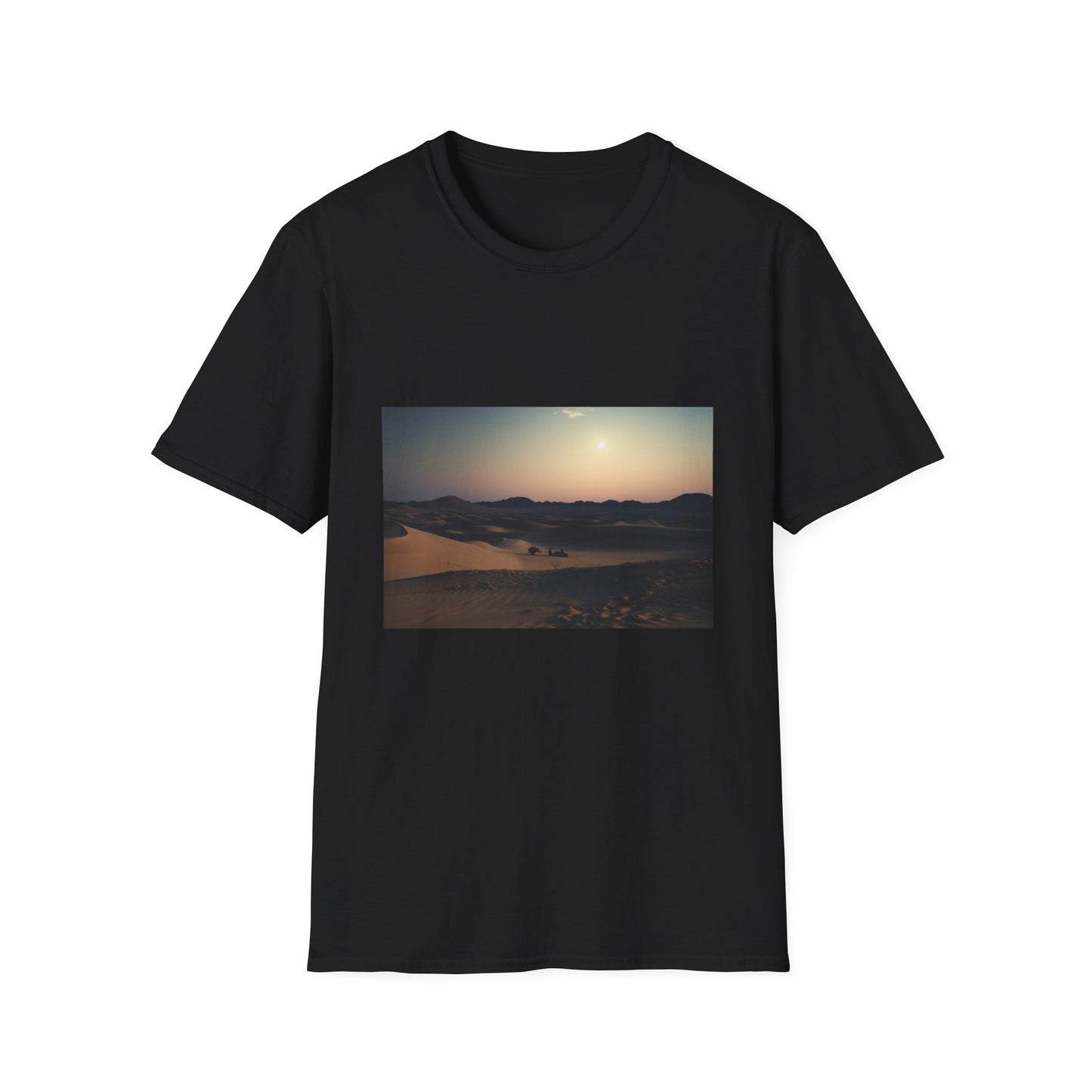 Desert's Ethereal Embrace | T-Shirt | Desert atmosphere, Desert nightscape, Desert under the moonlight, Full moon over dunes, Lunar glow, Moon and dune combination, Moonlit desert landscape, Nightfall in the desert, Nighttime desert adventure, Nocturnal landscape, Sand dune silhouette, Stars and sand | Prints with Passion