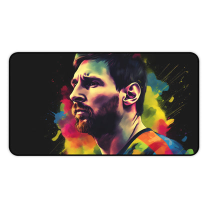 "Vibrant Messi Watercolor Neon Desk Mat - Add colorful pop to workspace"