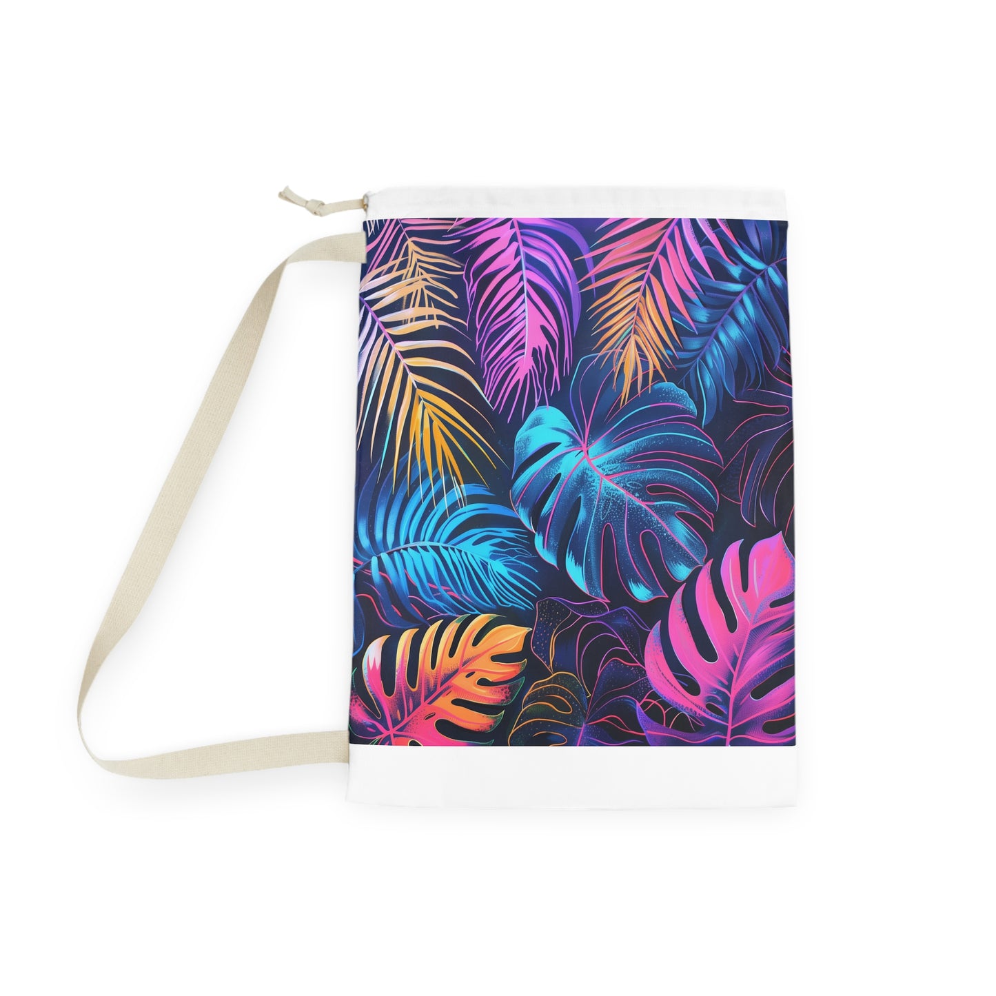 Neon Tropical Leaves Laundry Bag - Add a touch of paradise to laundry day with vibrant palm trees and leaves design.