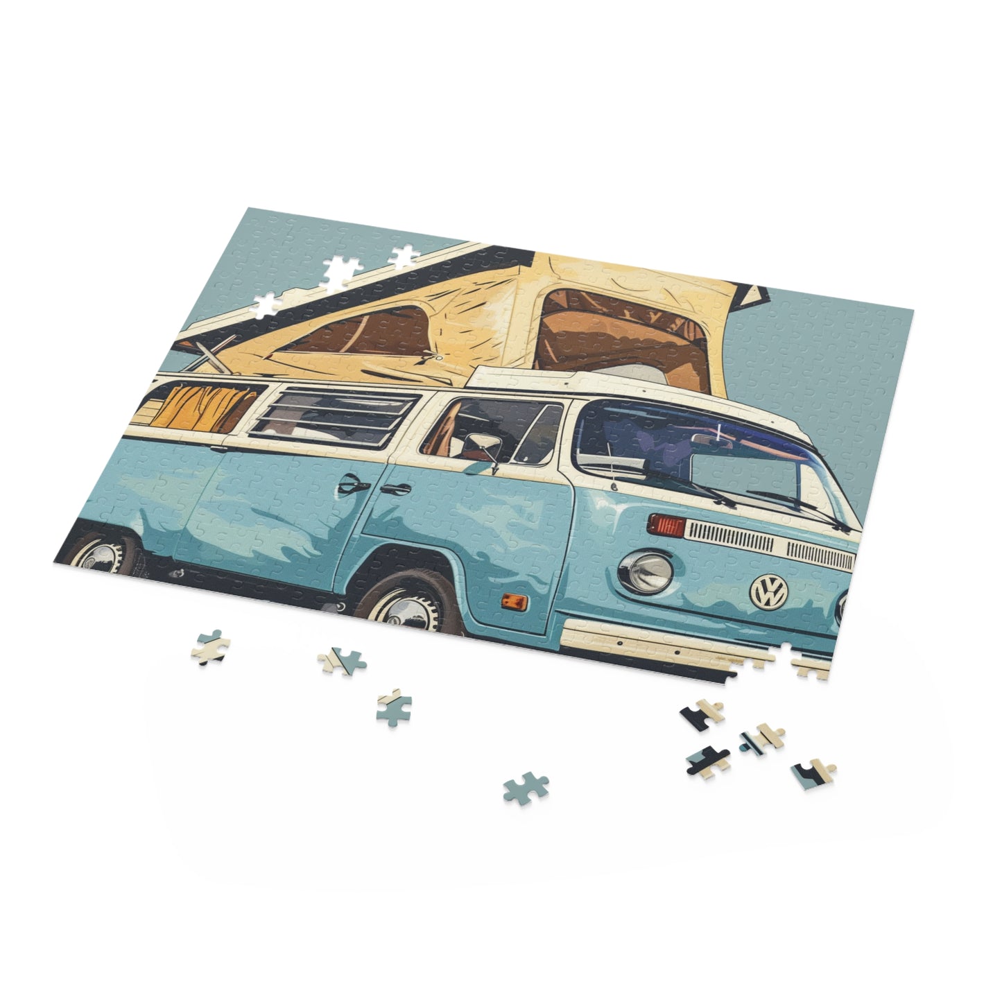 "Charming light blue camper van jigsaw puzzle for nostalgic adventure lovers"