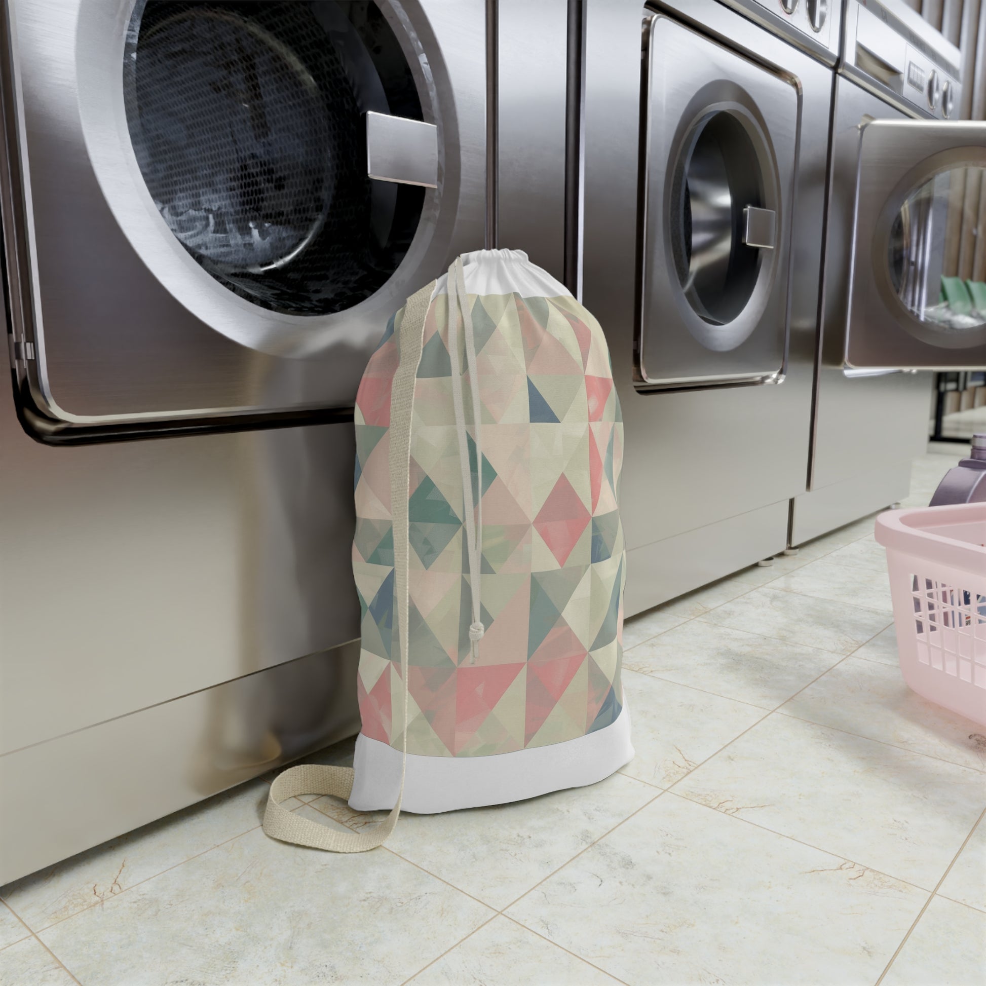 "Pastel Geometrics Laundry Bag - Stylish laundry storage with soft pastel hues for carrying and storing clothes"