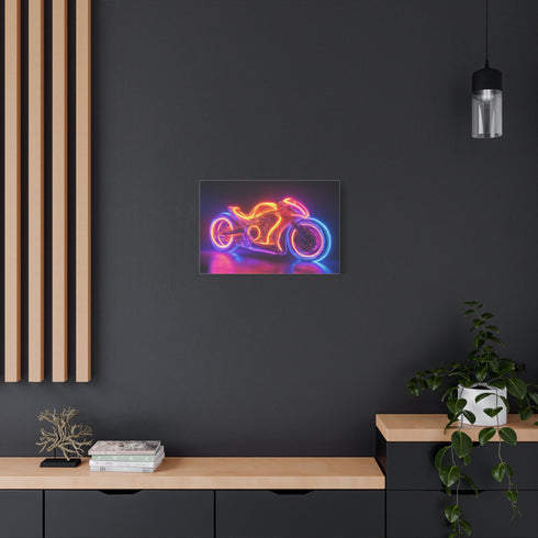 Retro Motorcycle with Neon Trail Stretched Canvas Wall Art