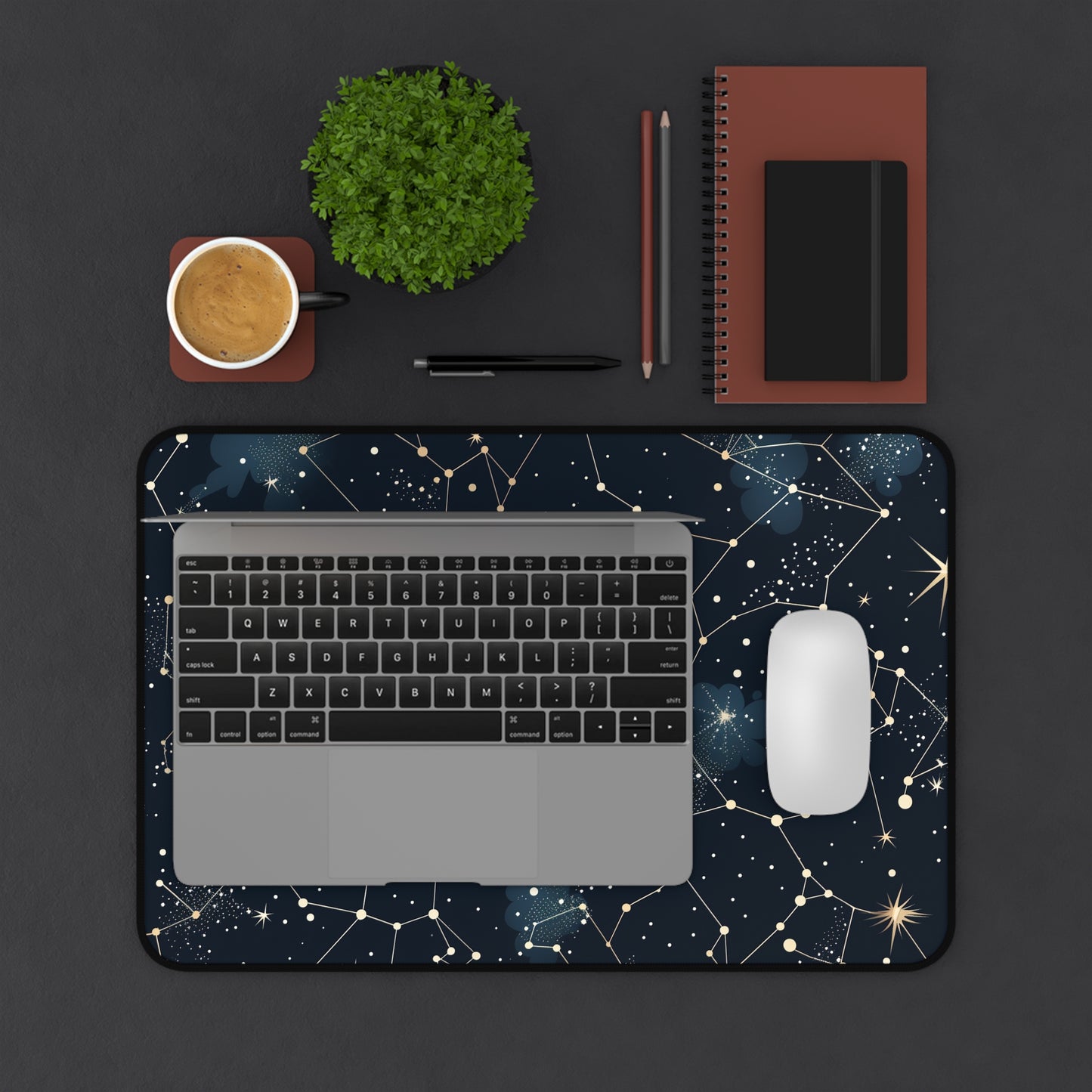 "Starry Night Desk Mat with Constellation Stars - Elegant workspace accessory for astronomers and stargazers"