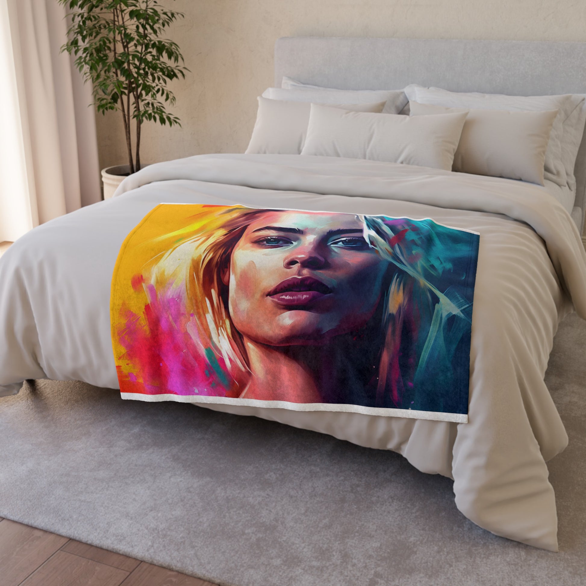 this blanket is perfect for snuggling up on the couch or adding a pop of color to your bedroom decor. Elevate your space with the timeless beauty and undeniable charisma of Margot Robbie with this must-have blanket.

neon dream margot robbie watercolor blanket