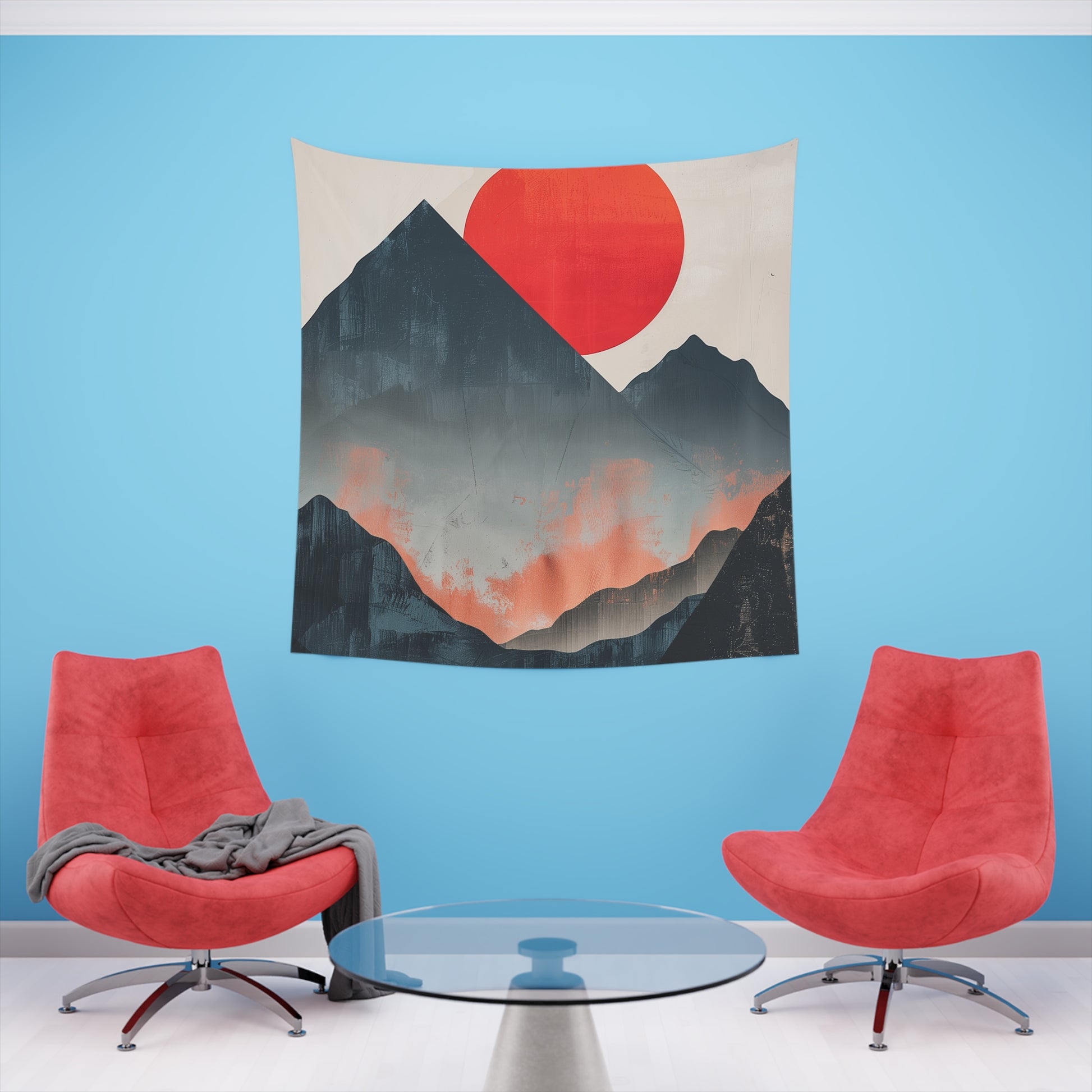 Sunrise Majesty: A Minimalist Mountain Tapestry | Wall Tapestry | All Over Print, AOP, Decor, Halloween, Home & Living, Home Decor, Indoor, Spring Essentials, Sublimation, Tapestry | Prints with Passion